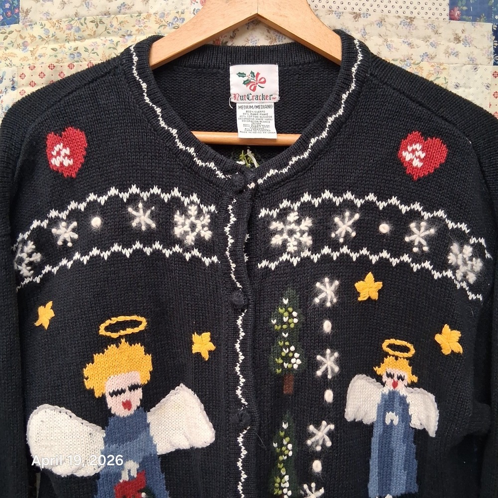 Vintage Nutcracker Grandmacore Angel Christmas Cardigan Sweater Medium Dark Navy - Picture 3 of 8